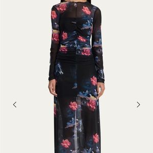 GANNI - Ruched Long-Sleeve Floral Mesh Dress